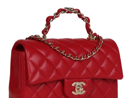 Chanel Mini Rectangular Flap with Top Handle Red Lambskin Light Gold Hardware Cheap