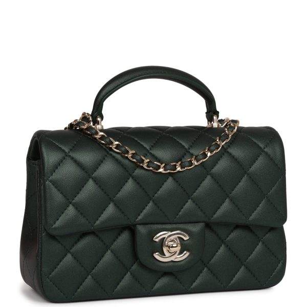 Chanel Mini Rectangular Flap with Top Handle Dark Green Lambskin Light Gold Hardware Online