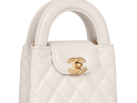 Chanel Nano Kelly Shopper White Shiny Aged Calfskin Brushed Gold Hardware Online Hot Sale