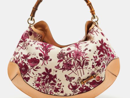 Gucci Magenta Natural Canvas and Leather Floral Peggy Bamboo Hobo For Cheap