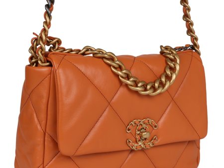 Chanel Medium 19 Flap Orange Lambskin Mixed Metal Hardware For Sale