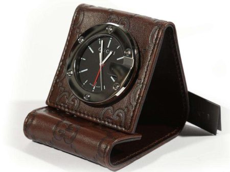 Gucci Limited Edition Brown Stainless Steel   Calf-Skin Leather Travel Desk Alarm Clock Watch (GGC1) For Discount