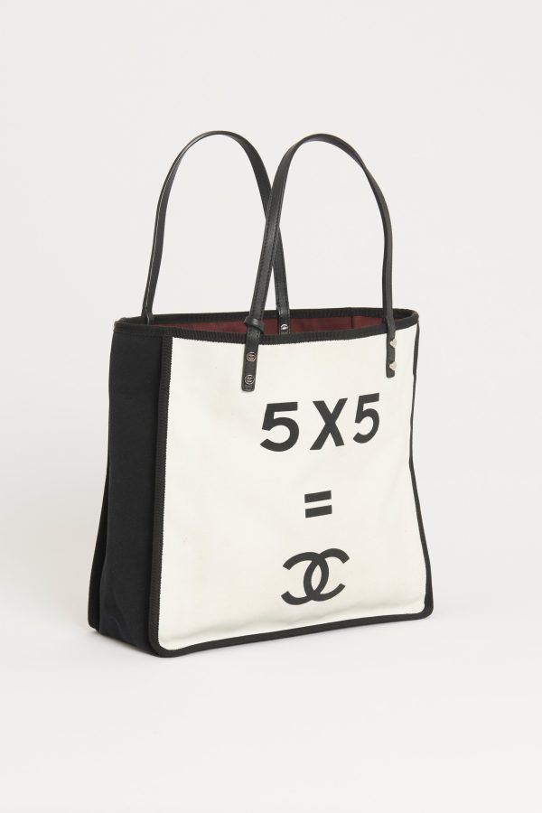 Chanel White Black Canvas 5X5=CC Tote Online Sale