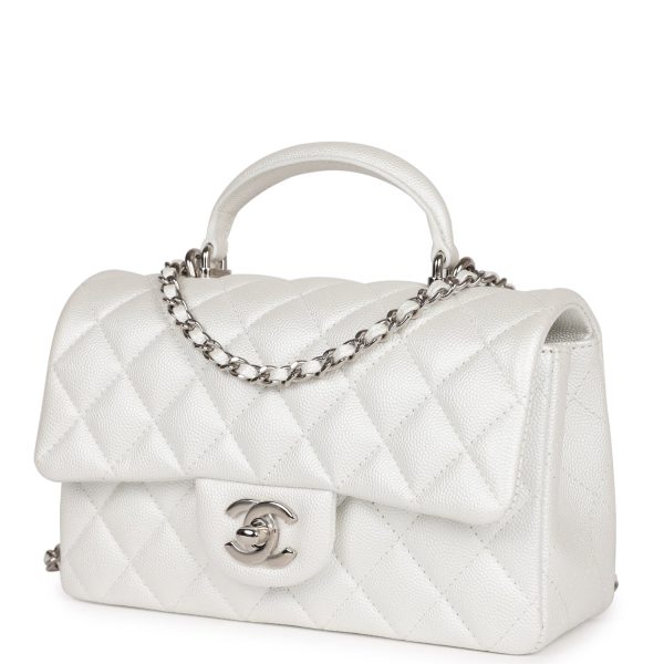 Chanel Mini Rectangular Top Handle Flap Bag White Iridescent Caviar Silver Hardware Online now