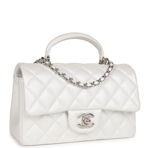 Chanel Mini Rectangular Top Handle Flap Bag White Iridescent Caviar Silver Hardware Online now