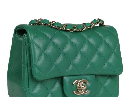 Chanel Mini Square Flap Bag Green Lambskin Gold Hardware For Sale