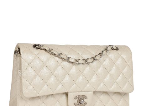 Chanel Medium Classic Double Flap Pearlescent Ivory Caviar Brushed Silver Hardware on Sale