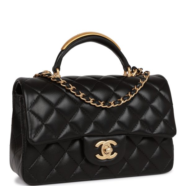 Chanel Rectangular Mini Flap Bag with Top Handle Black Lambskin Antique Gold Hardware Cheap