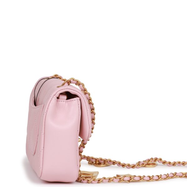 Chanel Mini Rectangular Flap Bag with Heart Chain Pink Lambskin Antique Gold Hardware For Sale