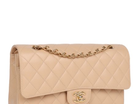 Chanel Medium Classic Double Flap Bag Beige Caviar Gold Hardware For Sale