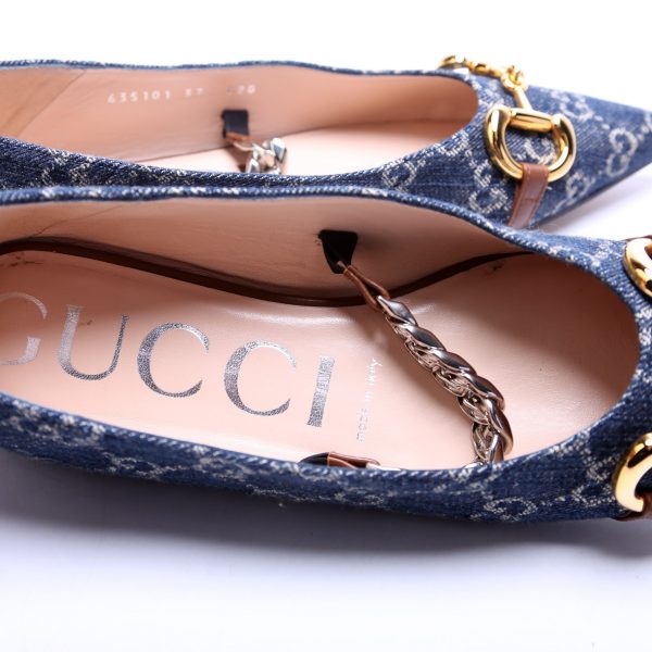 Gucci Denim Horsebit Chain Pointed Toe Flats Size 37 For Cheap