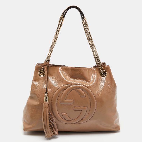 Gucci  Beige Patent Leather Medium Soho Chain Tote Sale