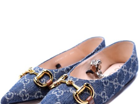 Gucci Denim Horsebit Chain Pointed Toe Flats Size 37 For Cheap