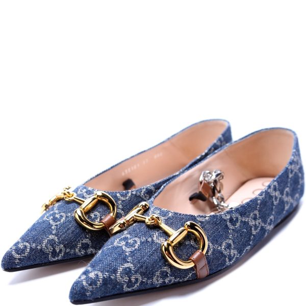 Gucci Denim Horsebit Chain Pointed Toe Flats Size 37 For Cheap