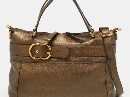 Gucci Metallic Olive Green Leather Medium Ride Tote Online Sale