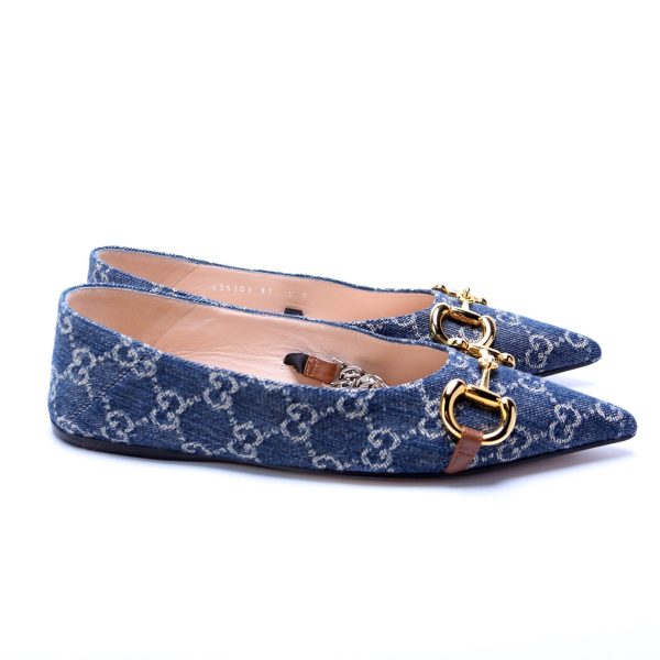 Gucci Denim Horsebit Chain Pointed Toe Flats Size 37 For Cheap