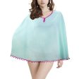 Women s Beach Poncho with Pom-Pom Trim, Mint Raspberry For Cheap