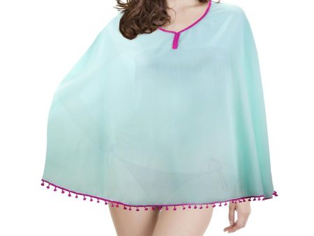 Women s Beach Poncho with Pom-Pom Trim, Mint Raspberry For Cheap